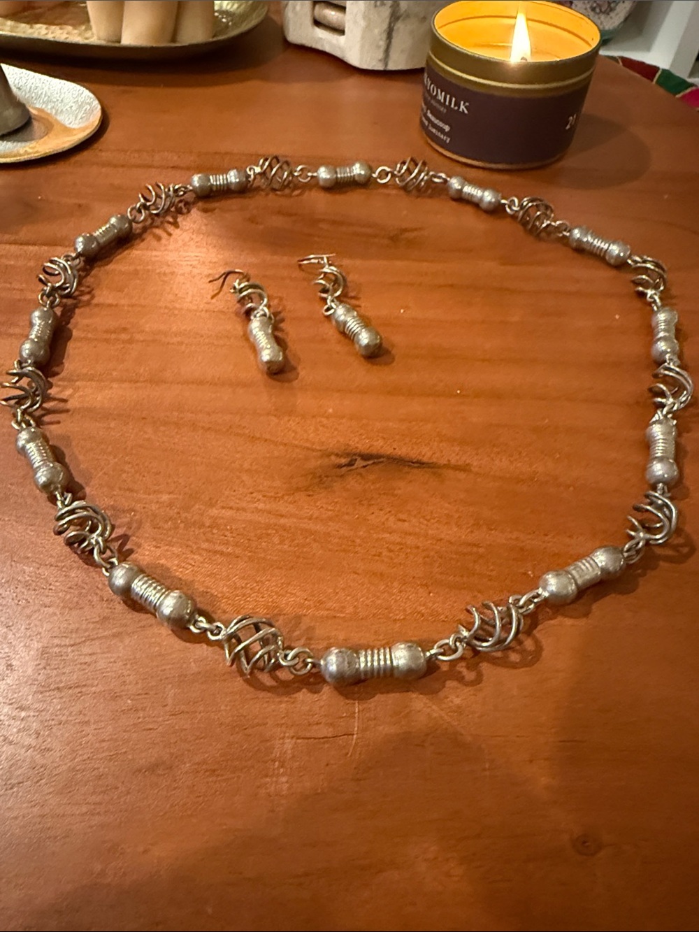 Silver-Tone Bead and Swirl Necklace with Matching Earrings - Women Jewelry